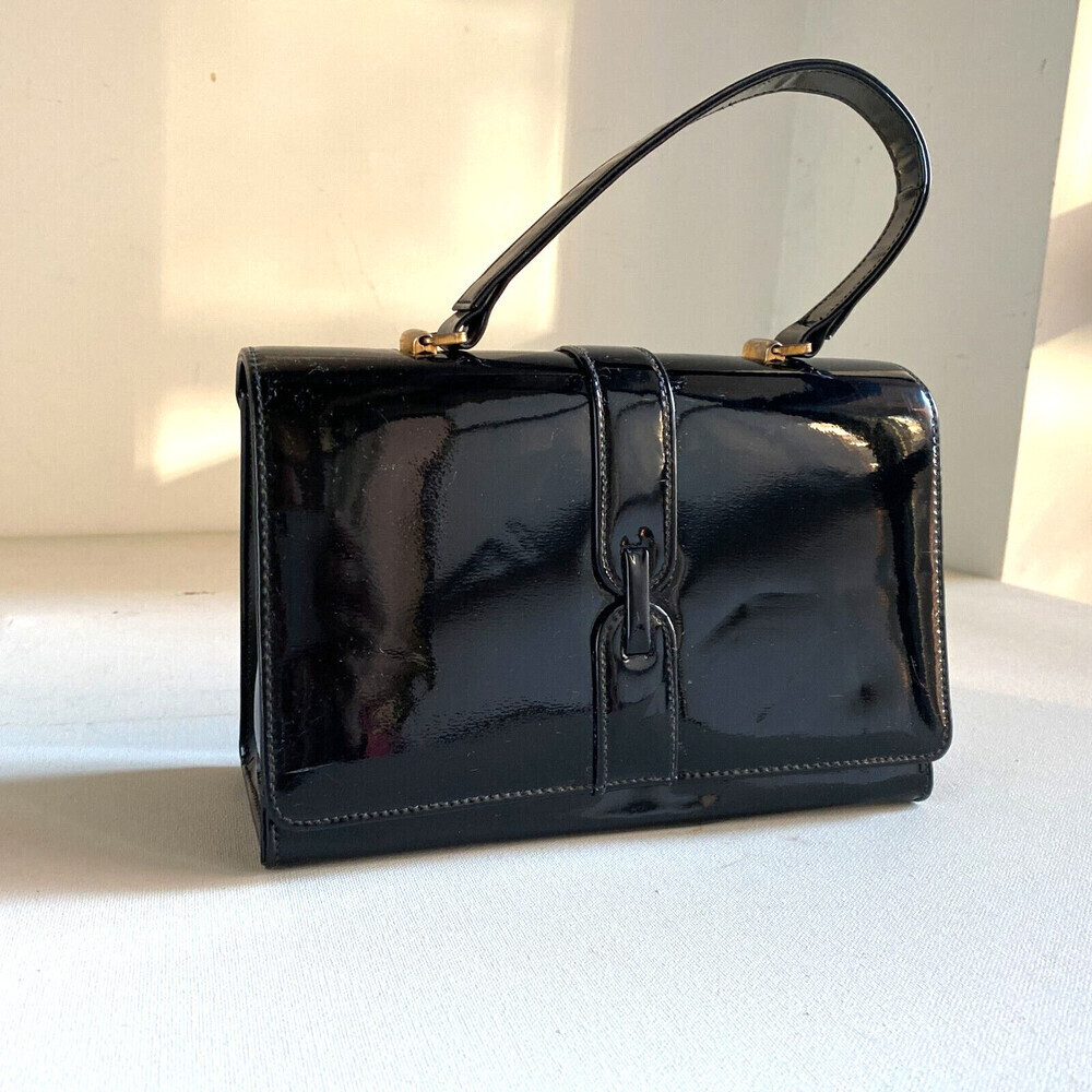Vintage Black Paten Leather Small Box Structured Top Handle Bag